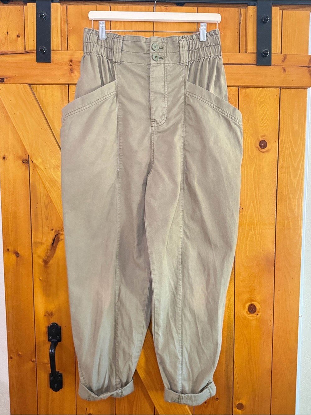 Free People Olive High-Waist Paperbag Barrel Leg Utility Trousers